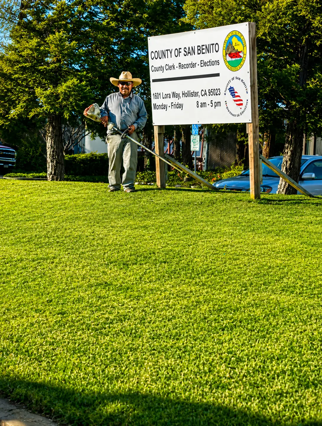 A member of the Vasquez family maintaining the County of San Benito grounds in Hollister, California